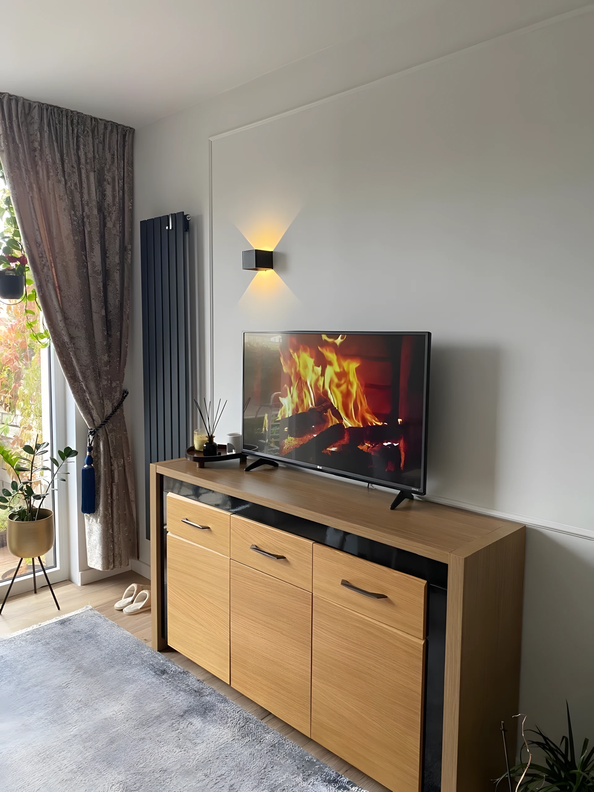 Living room after renovation: TV wall with a wall light, oak chest of drawers and a decorative radiator